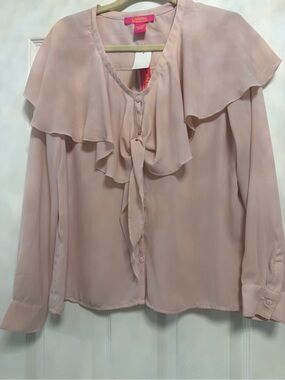 Catherine Catherine Malandrino Blouse NWT Size L Pink Ruffle Chiffon V-Neck